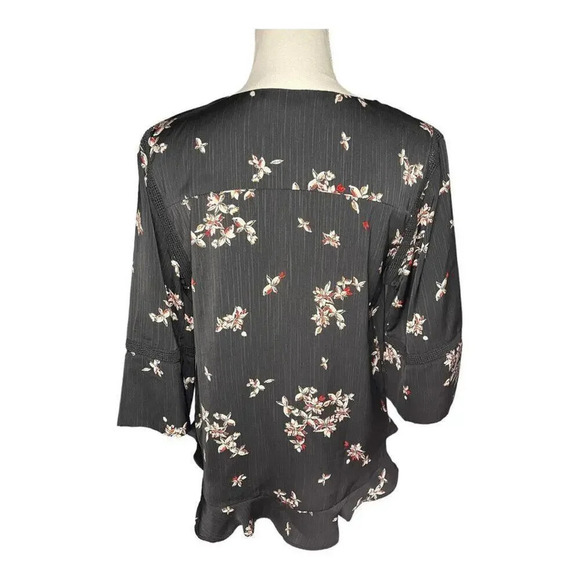 Apt. 9 Women’s Medium 3/4 Sleeve Black Ruffle Satin Floral Top - Picture 4 of 5